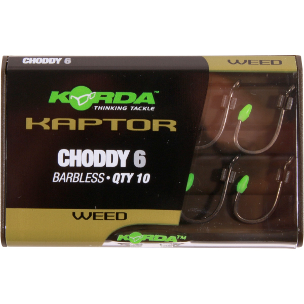 Carp Tacklebox, packed with end-tackle from well-known top brands! - Korda Kaptor Choddy Barbless Size 6 Weed (10pcs)