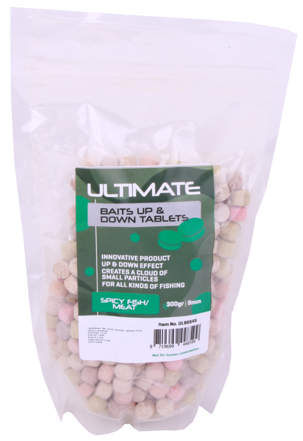 Ultimate Baits Up & Down Tablets 9 mm, release of colour, scent and flavour underwater - Spicy Fish/Meat 9 mm