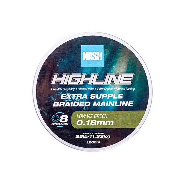 Nash Highline Extra Supple Braid Green Breaking strain: 35lb/0.28mm